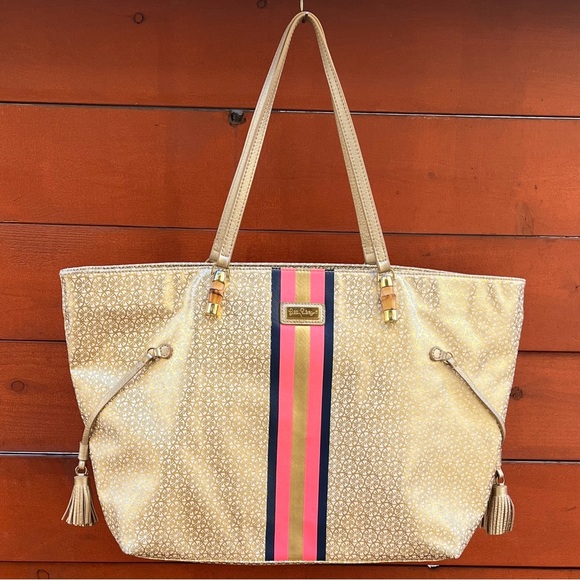 Lilly Pulitzer Gold Tote with Pink and Blue Stripes - Picture 3 of 10
